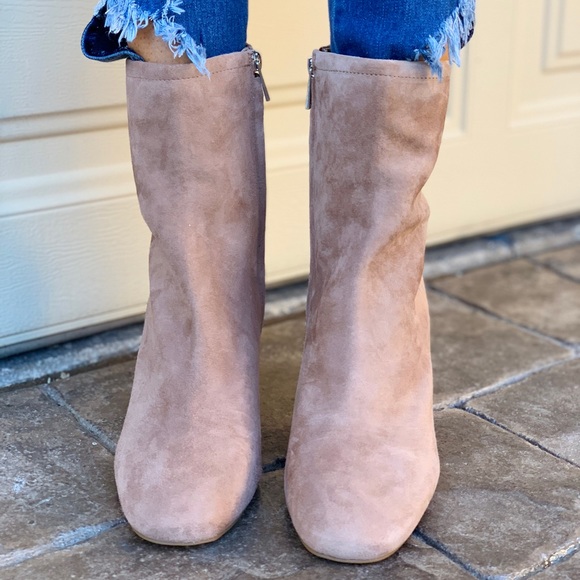 Fawn Vinyl Lucite Block Heel Tall Ankle Booties - Picture 5 of 7